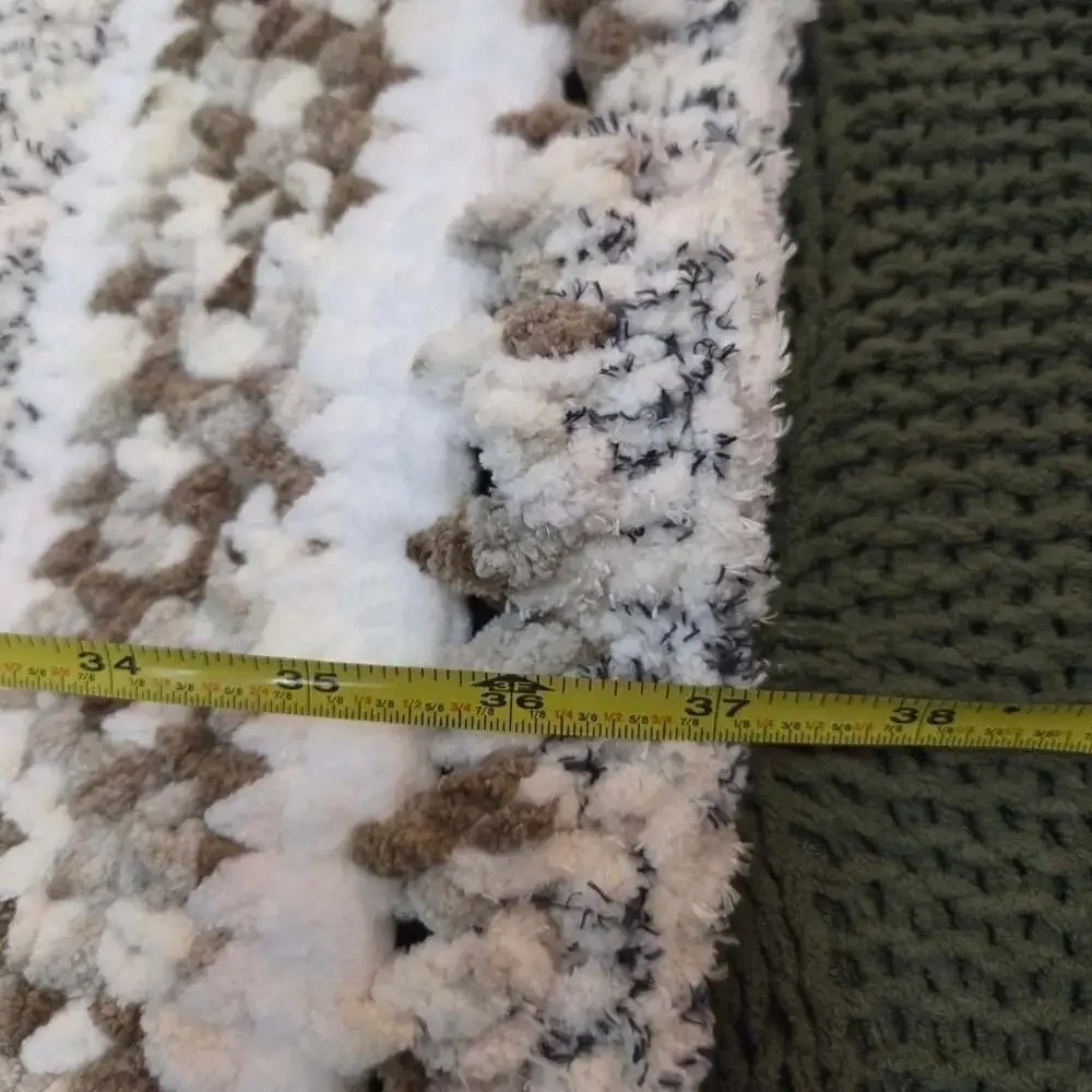 Handmade Knit Baby Blanket Fuzzy White Brown Blue Striped